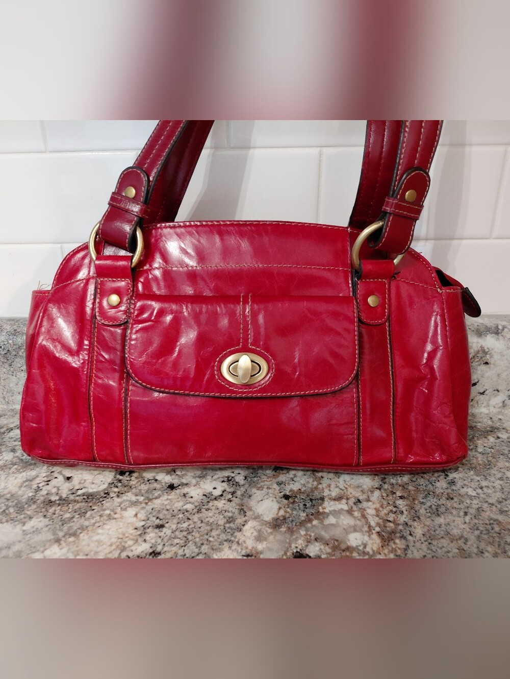 Apt. 9 Red Leather Shoulder Bag with Gold Turn-Lock Hardware